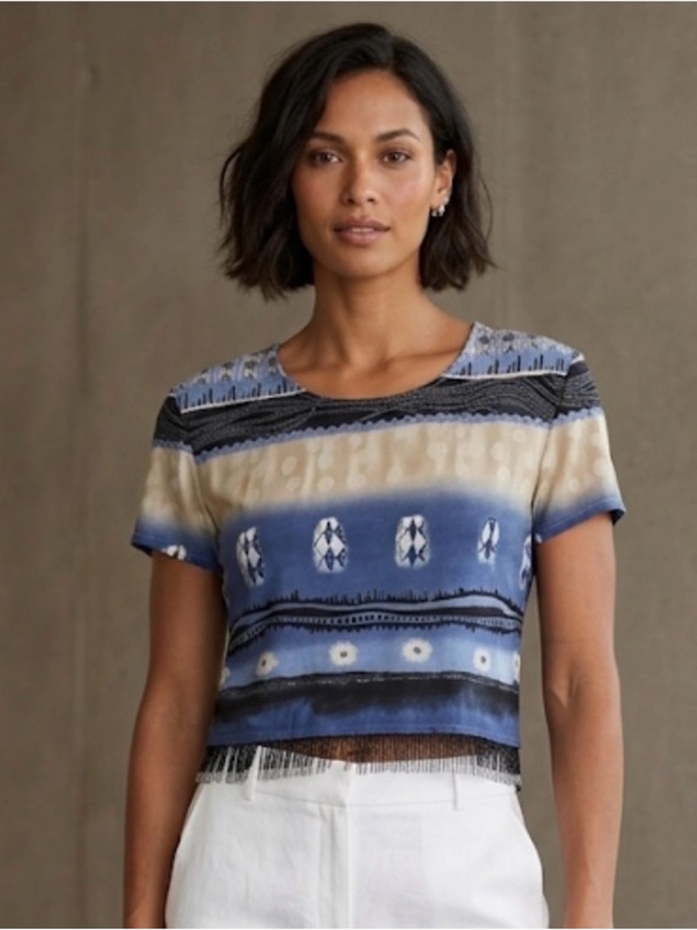 NWT Joseph Ribkoff Patterned Short-Sleeve Crop Top With Beaded Fringe Hem.